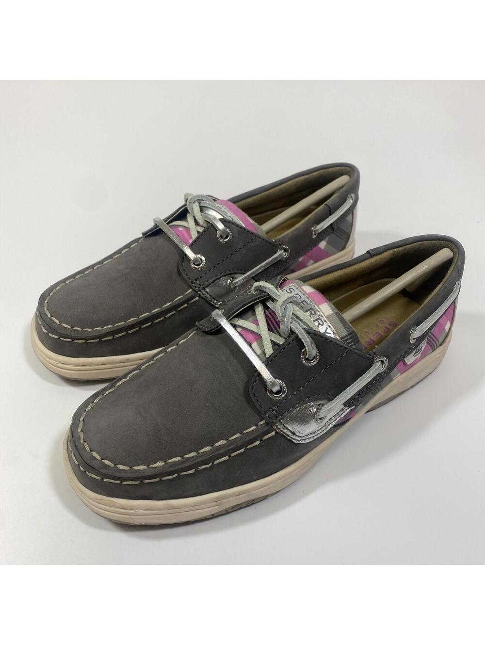 Sperry Top Sider Girls Size 2.5 M Bluefish Grey Pink Plaid Boat Shoes